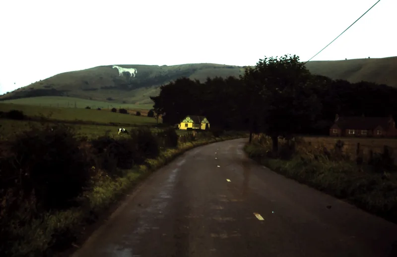 The Westbury White Horse chalk figure on the hillside above a country lane